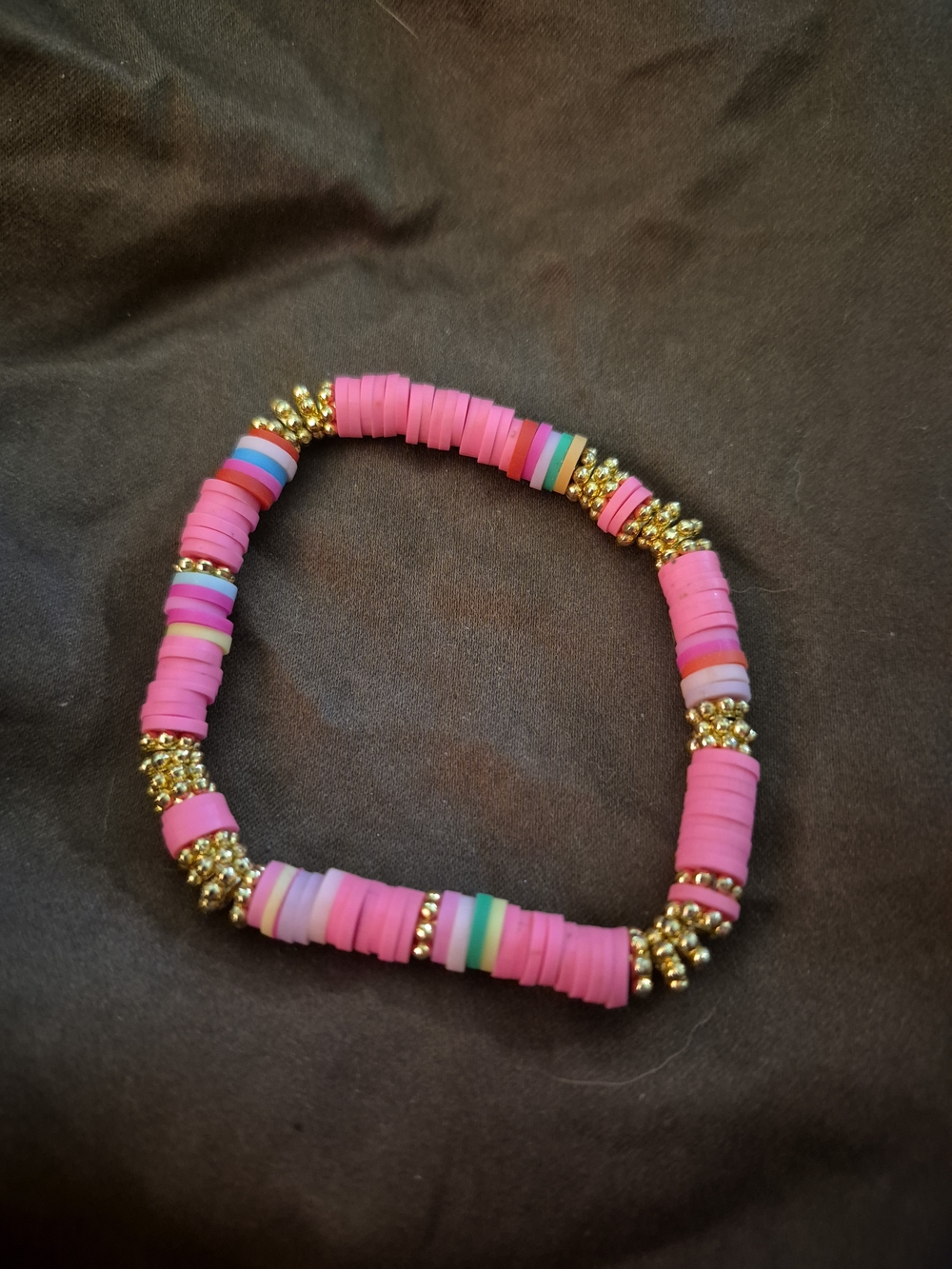 Rustic Cuff Pink Beaded Stretch Bracelet with Gold Accents